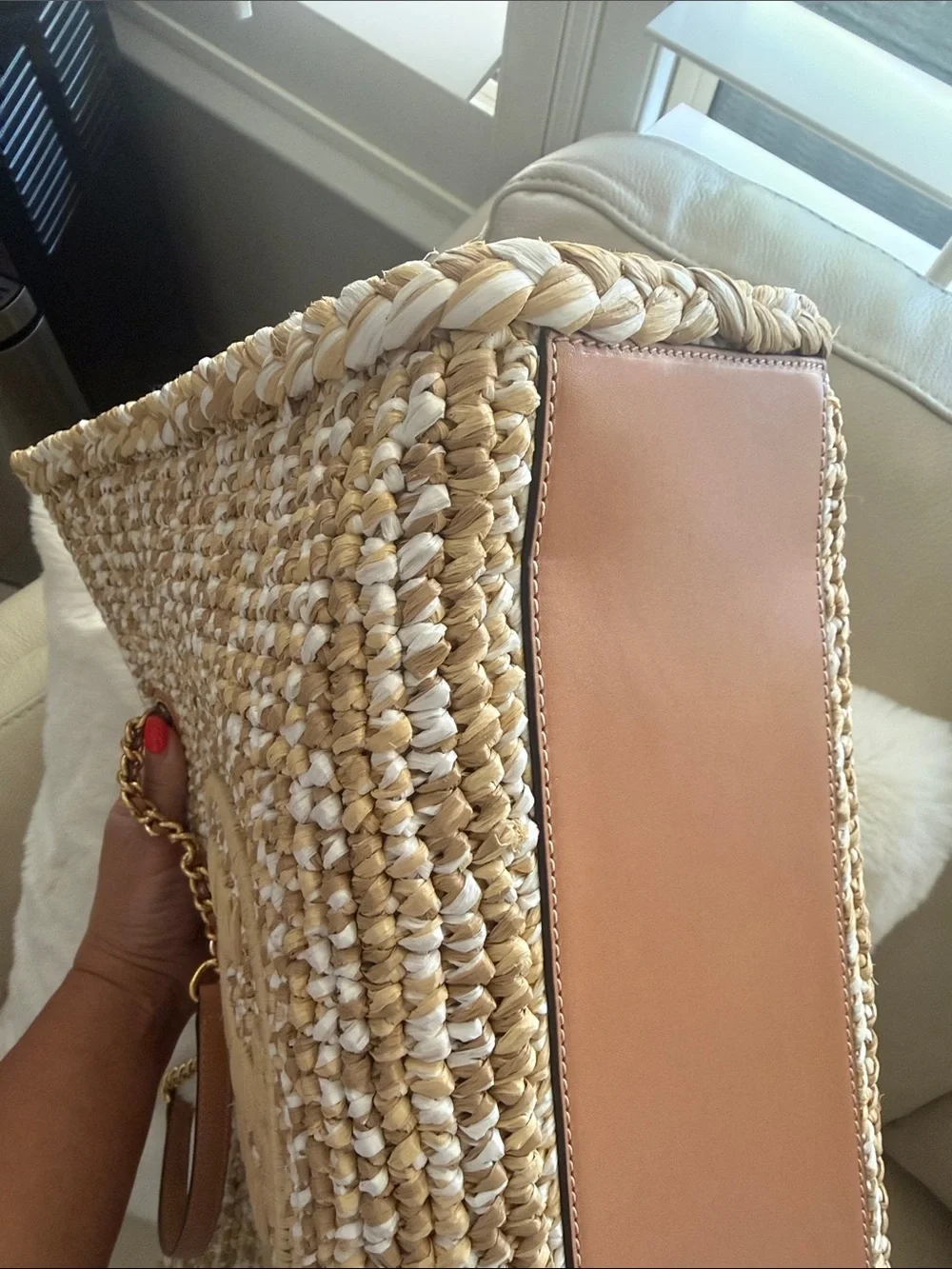 Tory Burch Woven Straw Logo Tote in Natural and Beige